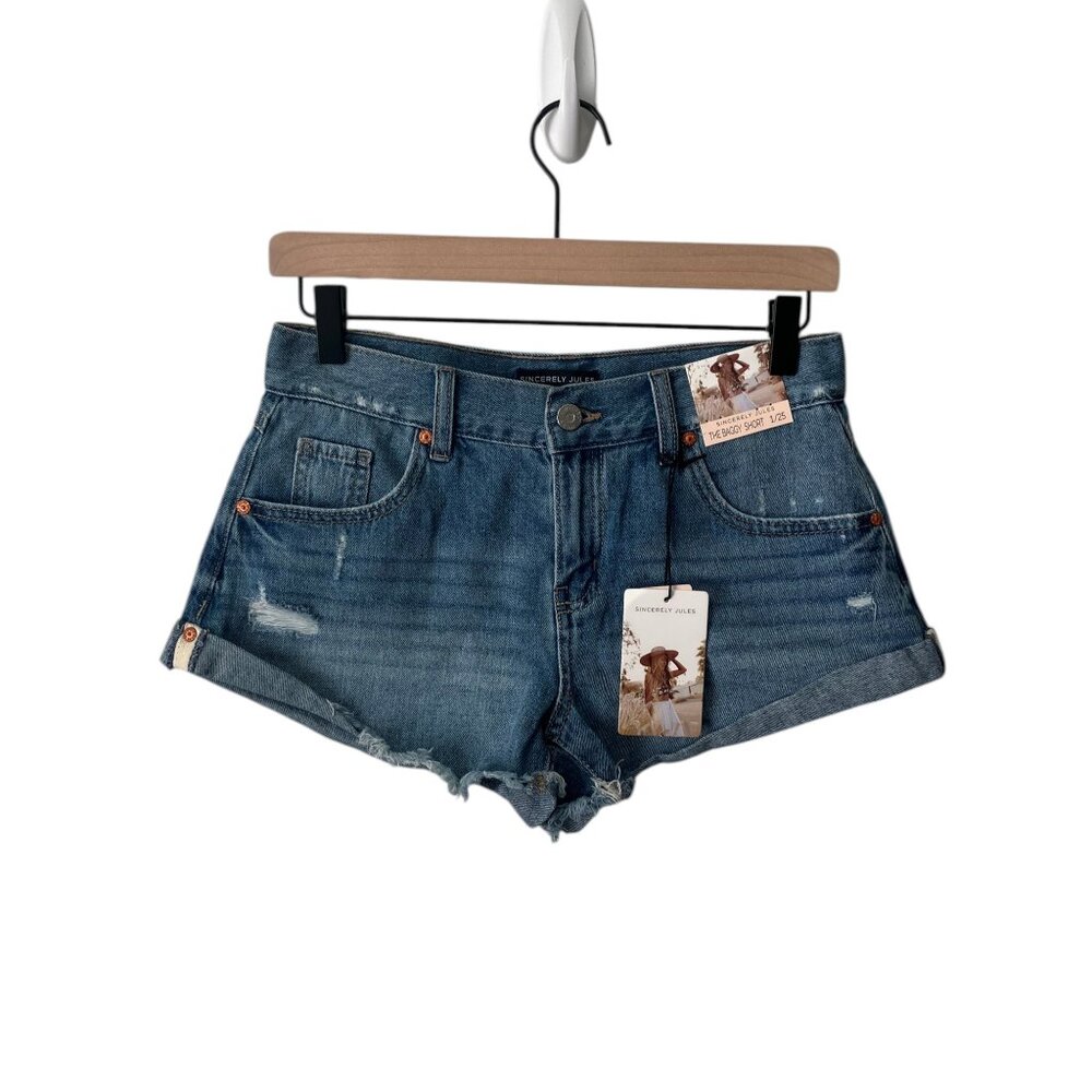 Sincerely Jules Mildly Distressed Denim Blue Jean Shorts, New with Tags
